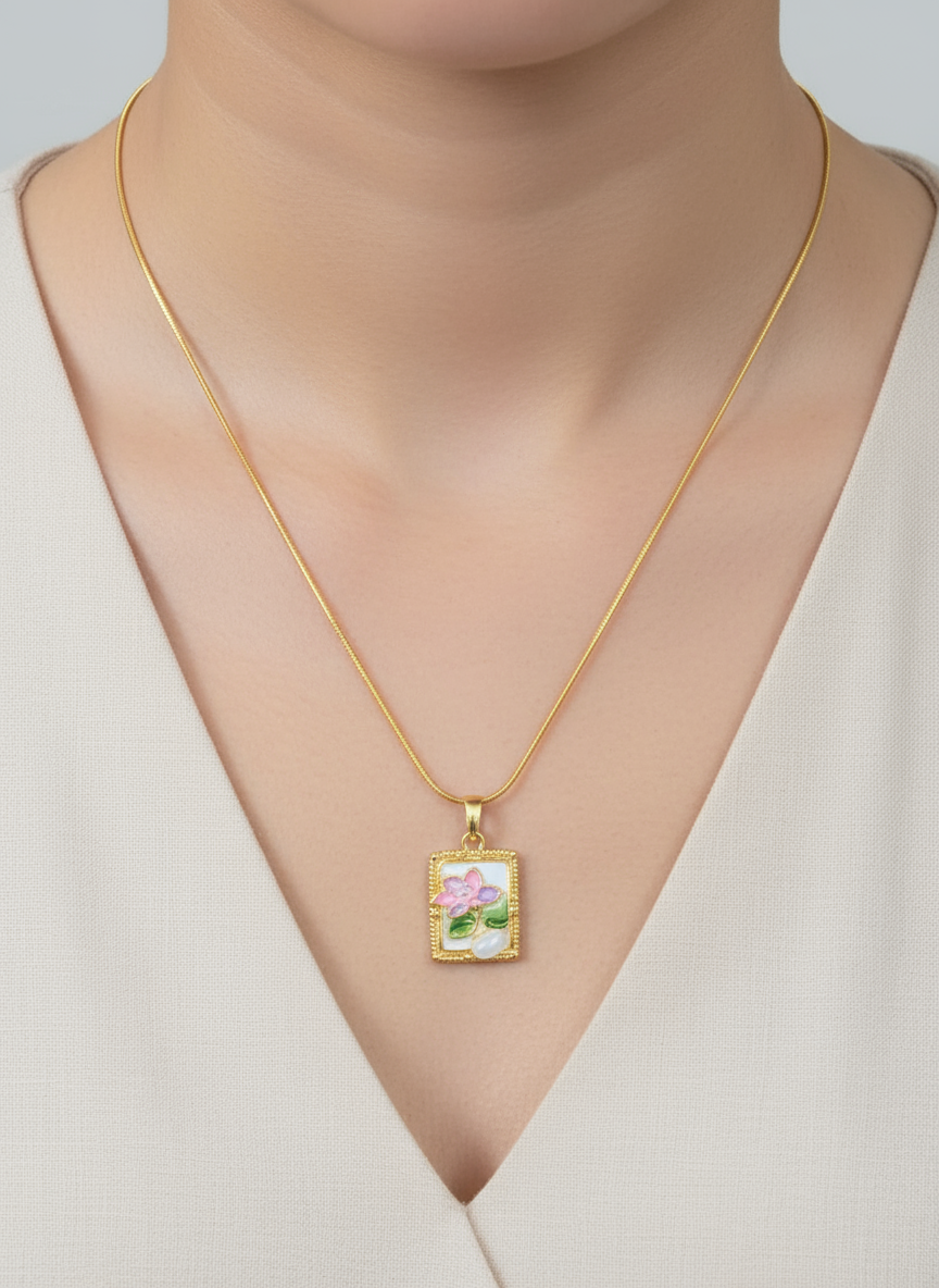 Pink Lotus Enamel Necklace
